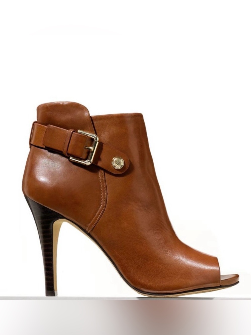 Vince Camuto Chestnut Brown Leather Peep-Toe Ankle Booties with Gold Buckle